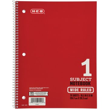 H-E-B 1 Subject Wide Ruled Spiral Notebook - Red, 10.5" x 8"