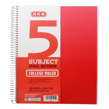 H-E-B 5 Subject College Ruled Poly Spiral Notebook - Red