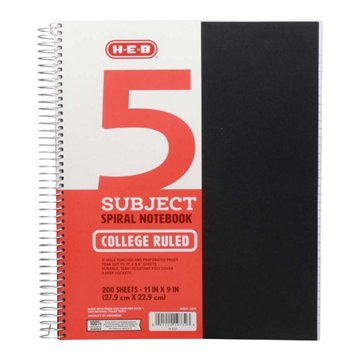 H-E-B 5 Subject College Ruled Poly Spiral Notebook - Black, 11" x 9"