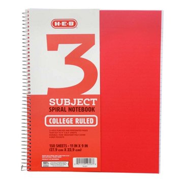 H-E-B 3 Subject College Ruled Poly Spiral Notebook - Red