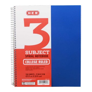 H-E-B 3 Subject College Ruled Poly Spiral Notebook - Blue, 11" x 9"