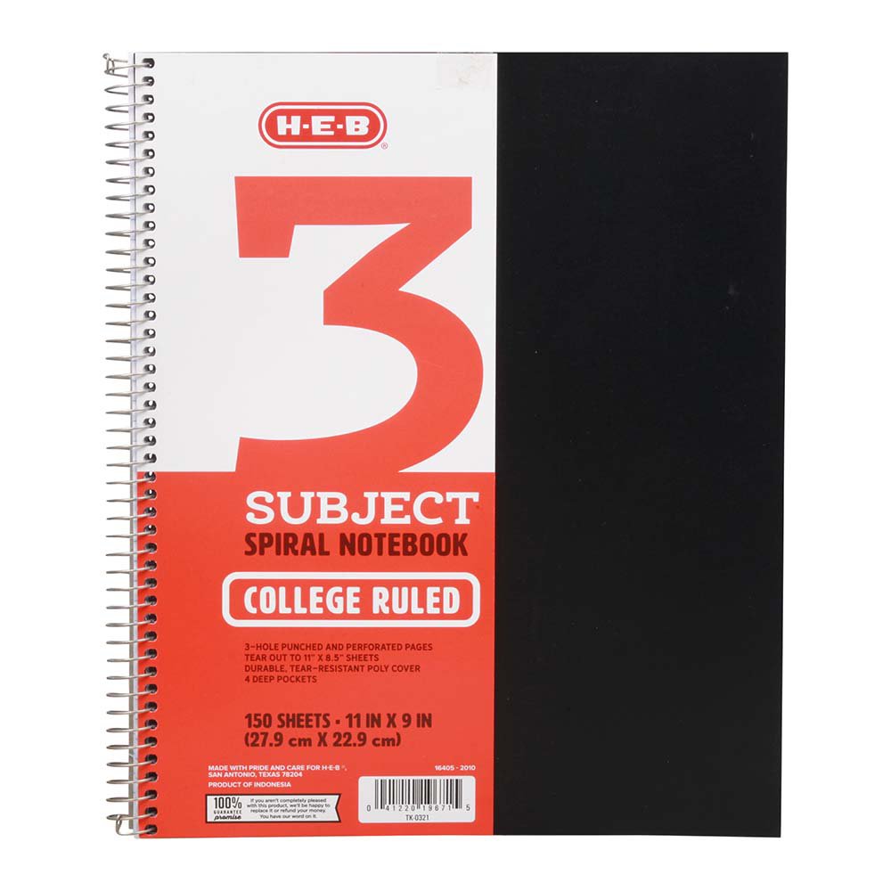 HEB 3 Subject College Ruled Poly Spiral Notebook Black Shop Notebooks at HEB