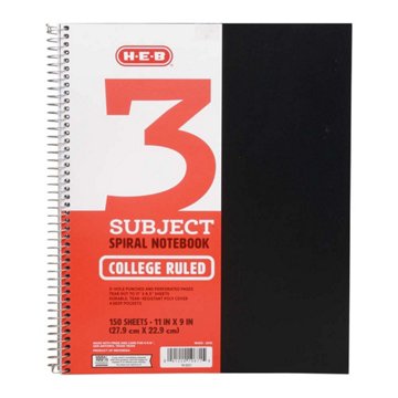 H-E-B 3 Subject College Ruled Poly Spiral Notebook - Black, 11" x 9"