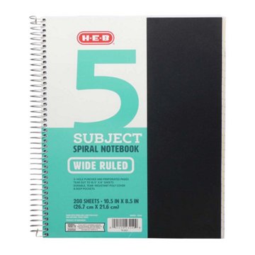 H-E-B 5 Subject Wide Ruled Poly Spiral Notebook - Black, 10.5" x 8.5"