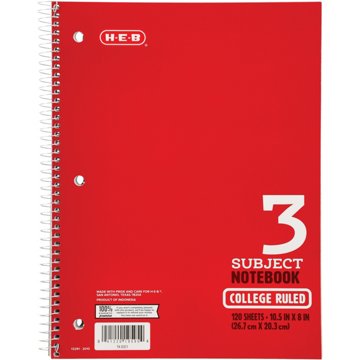 H-E-B 3 Subject College Ruled Spiral Notebook - Red