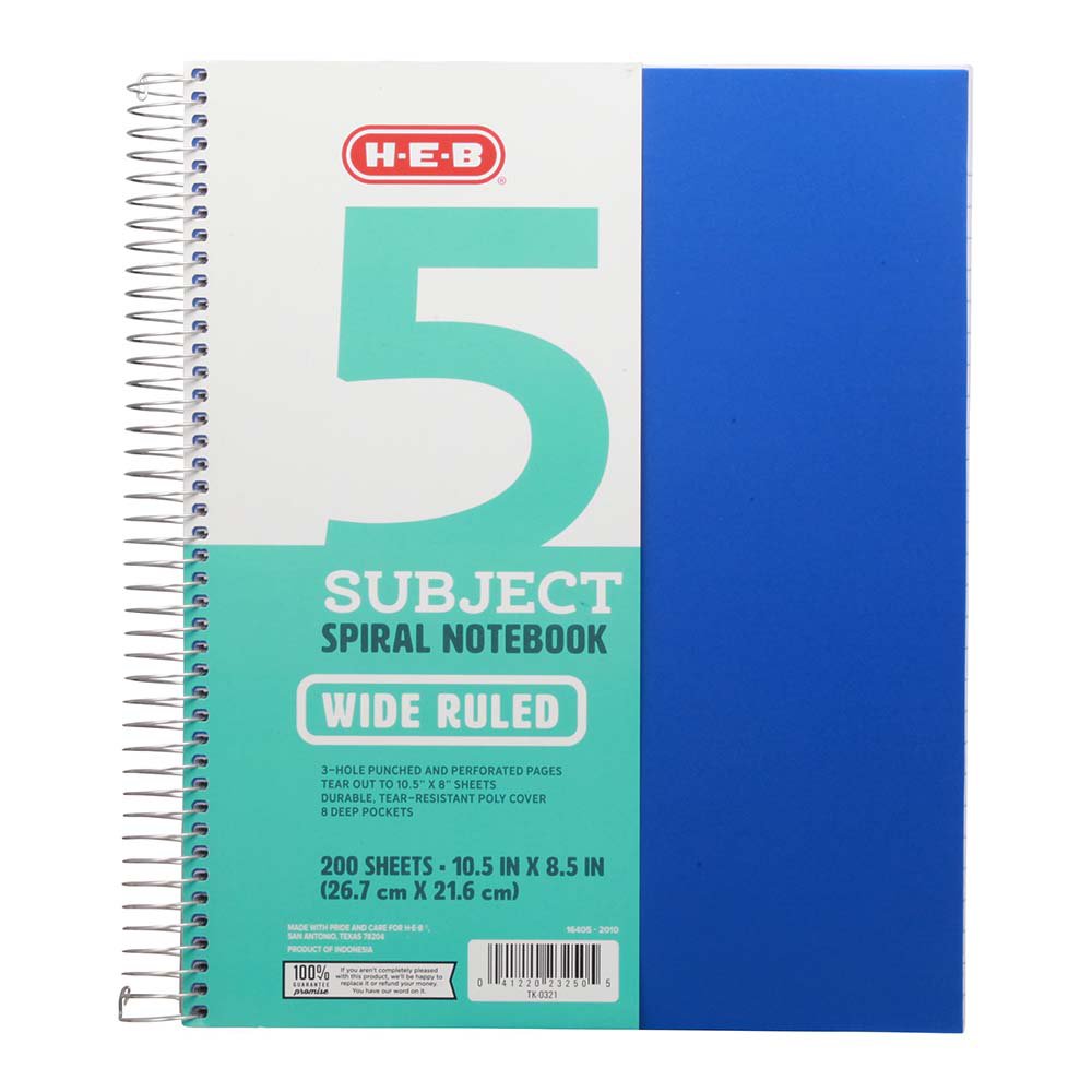 HEB 5 Subject Wide Ruled Poly Spiral Notebook Blue Shop Notebooks