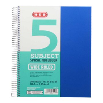 H-E-B 5 Subject Wide Ruled Poly Spiral Notebook - Blue, 10.5" x 8.5"