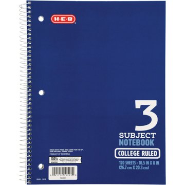 H-E-B 3 Subject College Ruled Spiral Notebook - Blue