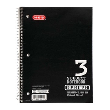 H-E-B 3 Subject College Ruled Spiral Notebook - Black