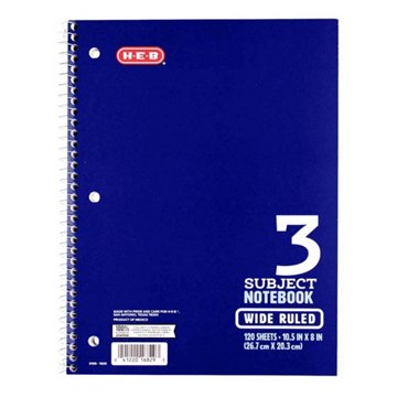 H-E-B 3 Subject Wide Ruled Spiral Notebook - Blue