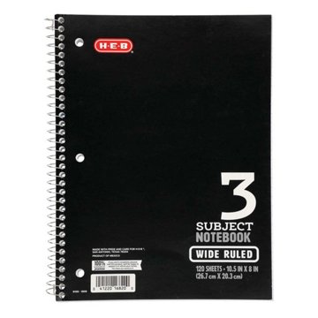 H-E-B 3 Subject Wide Ruled Spiral Notebook - Black