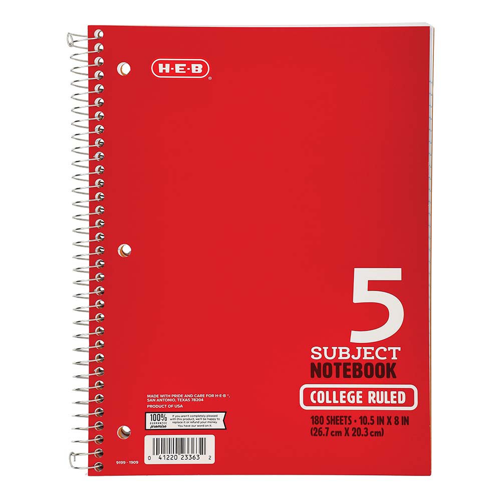 H-E-B 5 Subject Red College-Ruled Spiral Notebook - Shop Notebooks At H-E-B