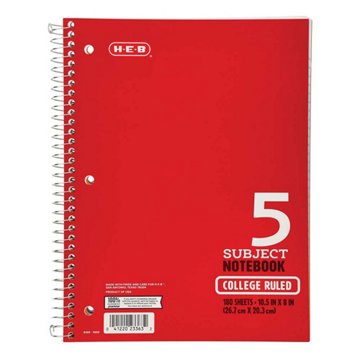 H-E-B 5 Subject College Ruled Spiral Notebook - Red, 10.5" x 8"