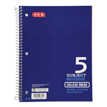 H-E-B 5 Subject College Ruled Spiral Notebook - Blue, 10.5" x 8"