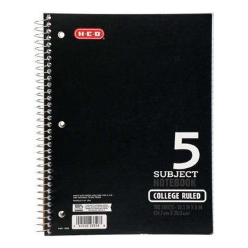 H-E-B 5 Subject College Ruled Spiral Notebook - Black, 10.5" x 8"