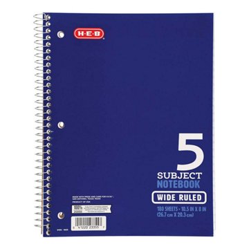 H-E-B 5 Subject Wide Ruled Spiral Notebook - Blue, 10.5" x 8"
