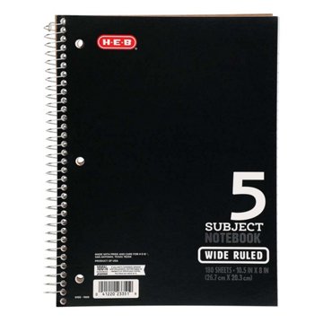 H-E-B 5 Subject Wide Ruled Spiral Notebook - Black, 10.5" x 8"