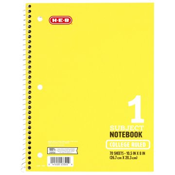 H-E-B 1 Subject College Ruled Spiral Notebook - Yellow, 10.5" x 8"