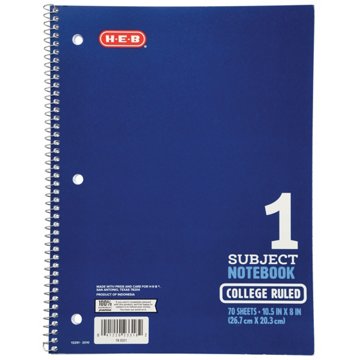 H-E-B 1 Subject College Ruled Spiral Notebook - Blue, 10.5" x 8"