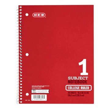 H-E-B 1 Subject College Ruled Spiral Notebook - Red, 10.5" x 8"