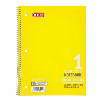 H-E-B 1 Subject Wide Ruled Spiral Notebook - Yellow