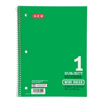 H-E-B 1 Subject Wide Ruled Spiral Notebook - Green, 10.5" x 8"