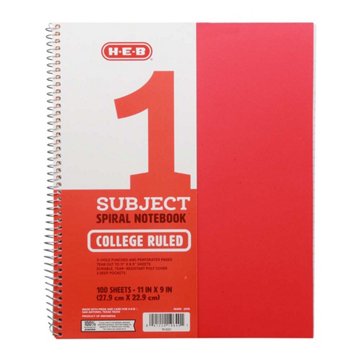 H-E-B 1 Subject College Ruled Poly Spiral Notebook - Red, 11" x 9"