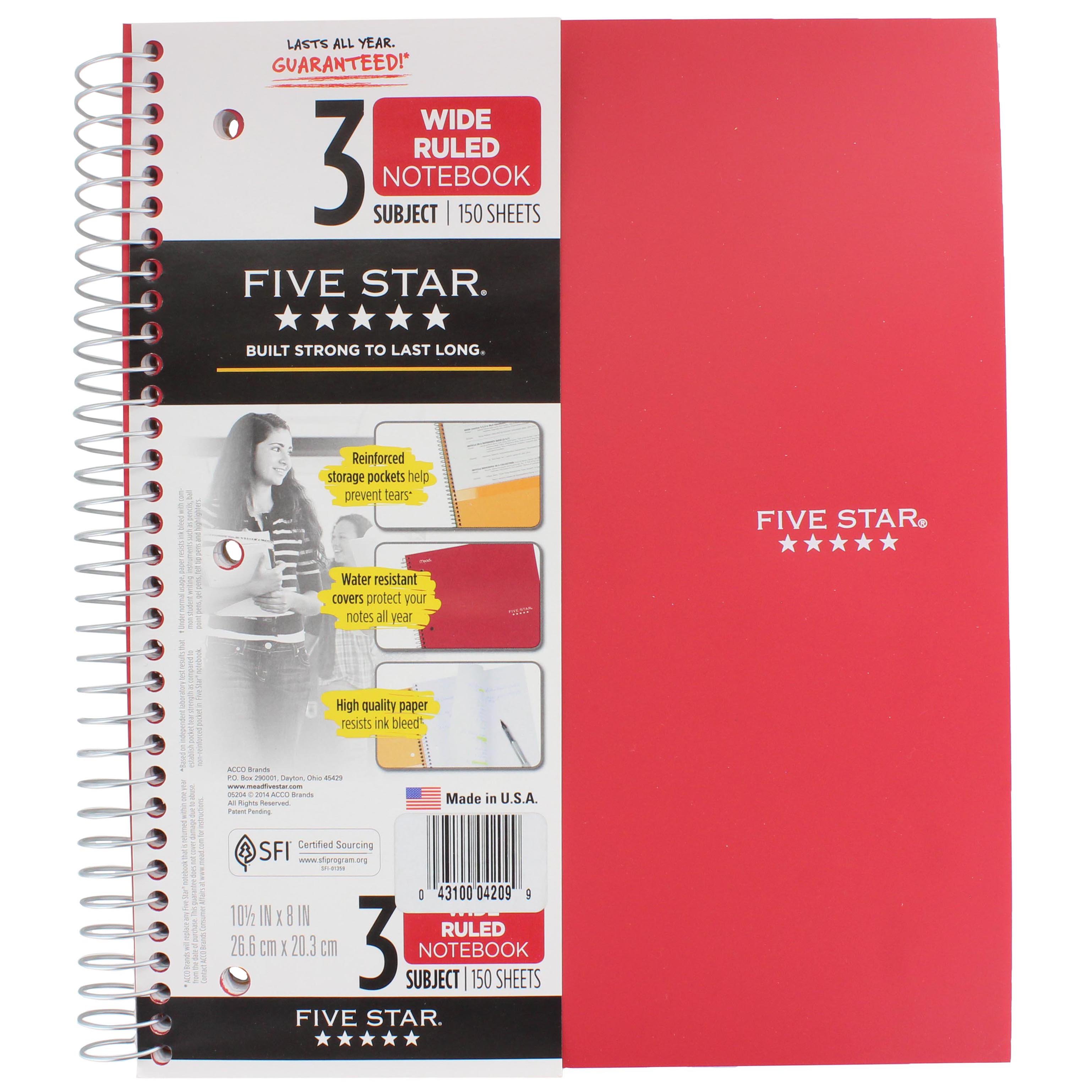 Five Star 3 Subject Red Spiral Notebook, Wide Ruled - Shop Notebooks at ...