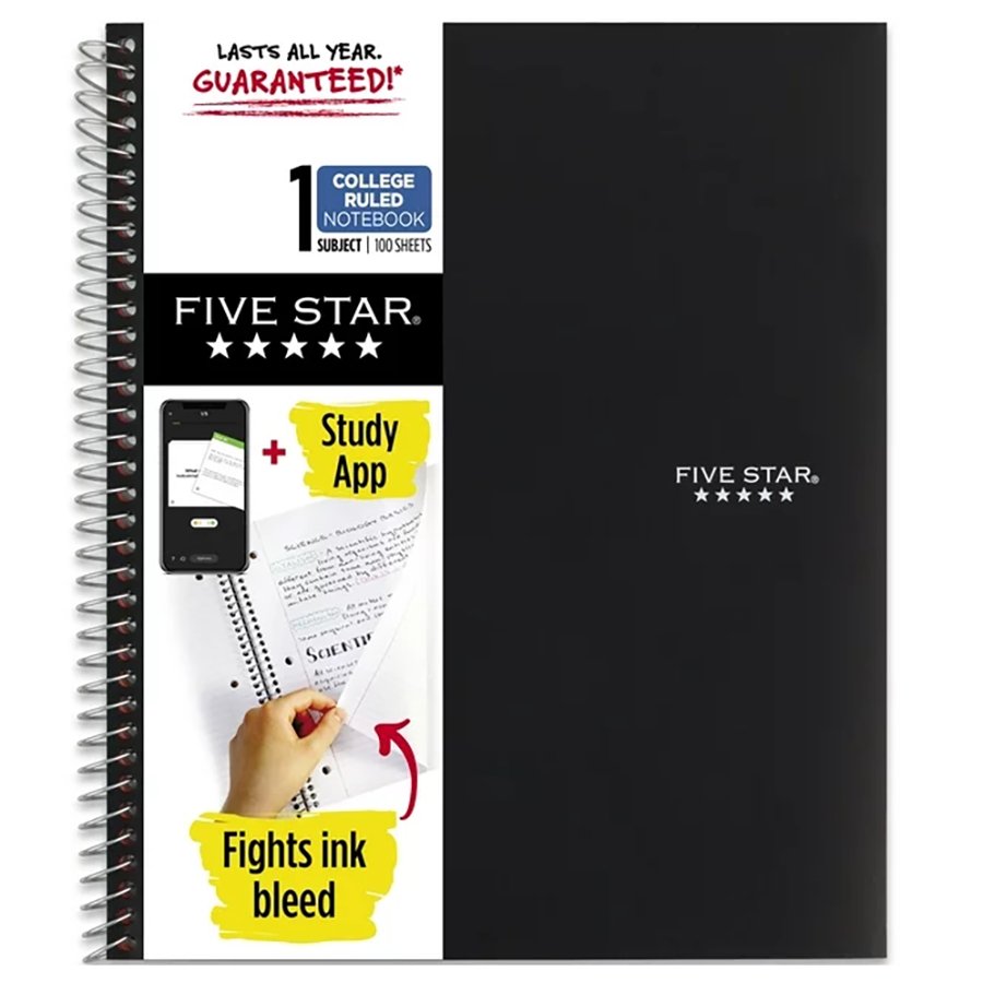 Five Star Black 1 Subject College Ruled Spiral Notebook