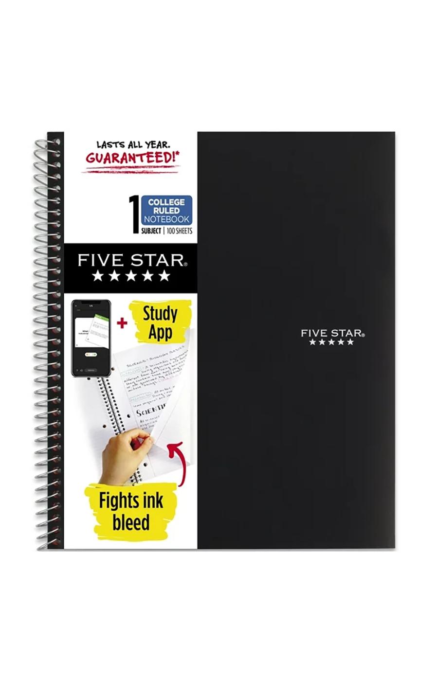 Five Star 1 Subject College Ruled Spiral Notebook - Black; image 1 of 2