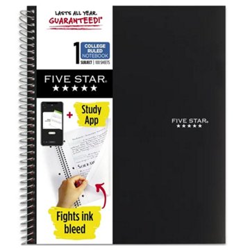 Five Star 1 Subject College Ruled Spiral Notebook - Black, 8.5" x 11"