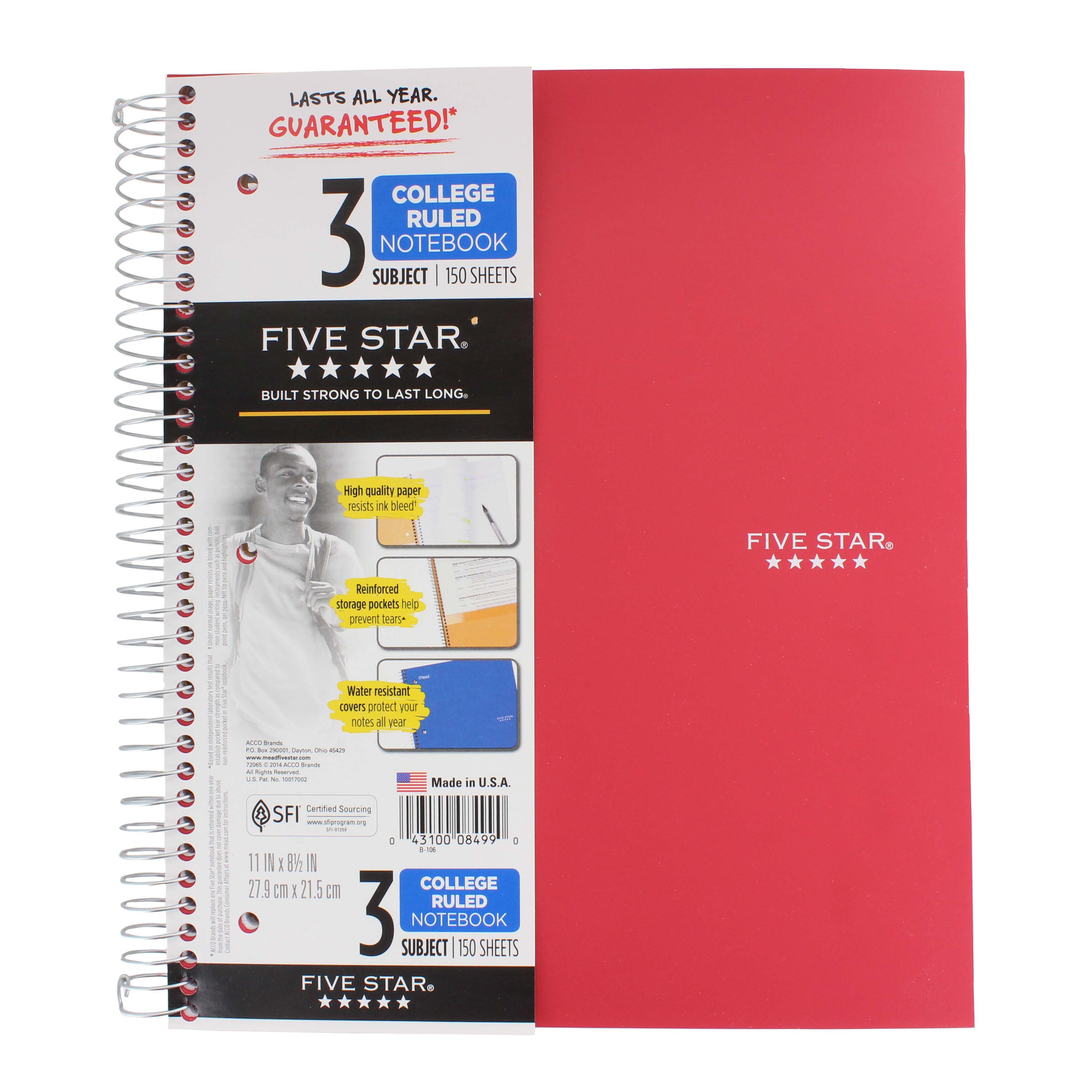 Five Star 3 Subject College Ruled Spiral Notebook (Colors May Vary)
