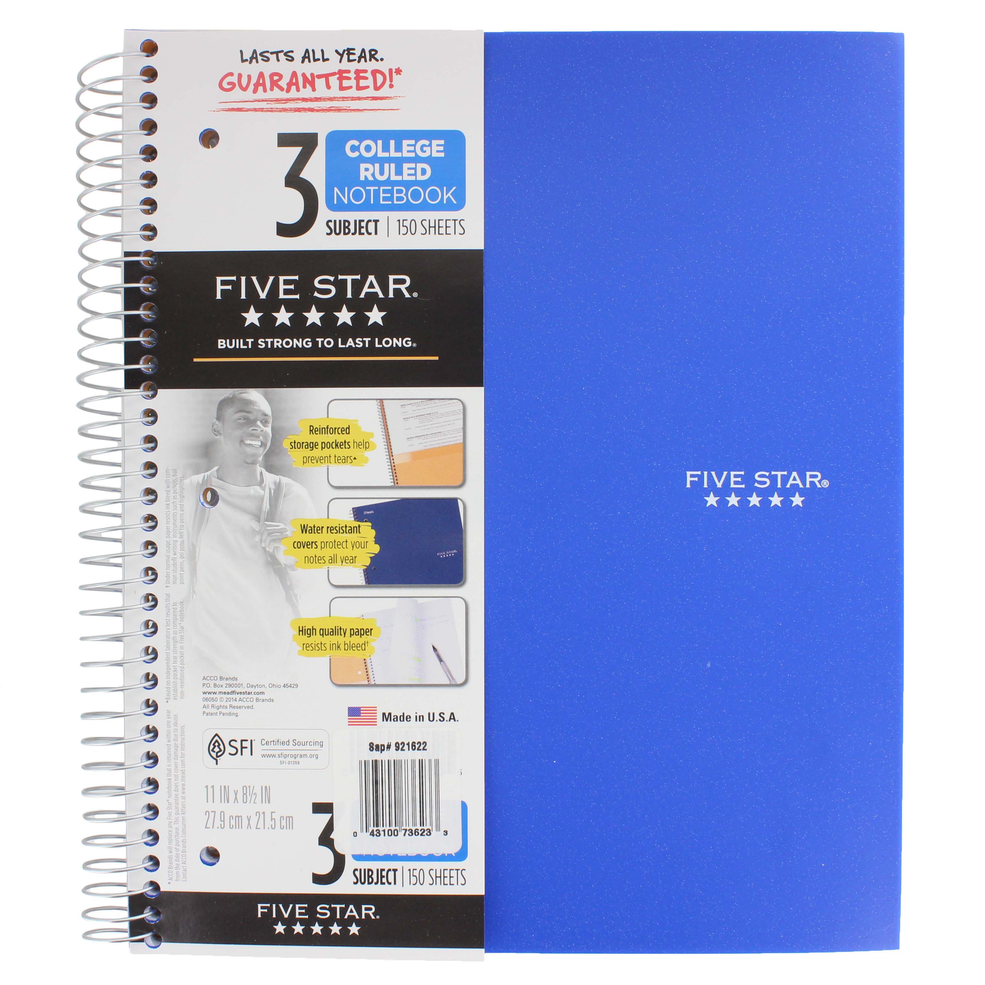 Five Star Blue 3 Subject College Ruled Spiral Notebook Shop Notebooks