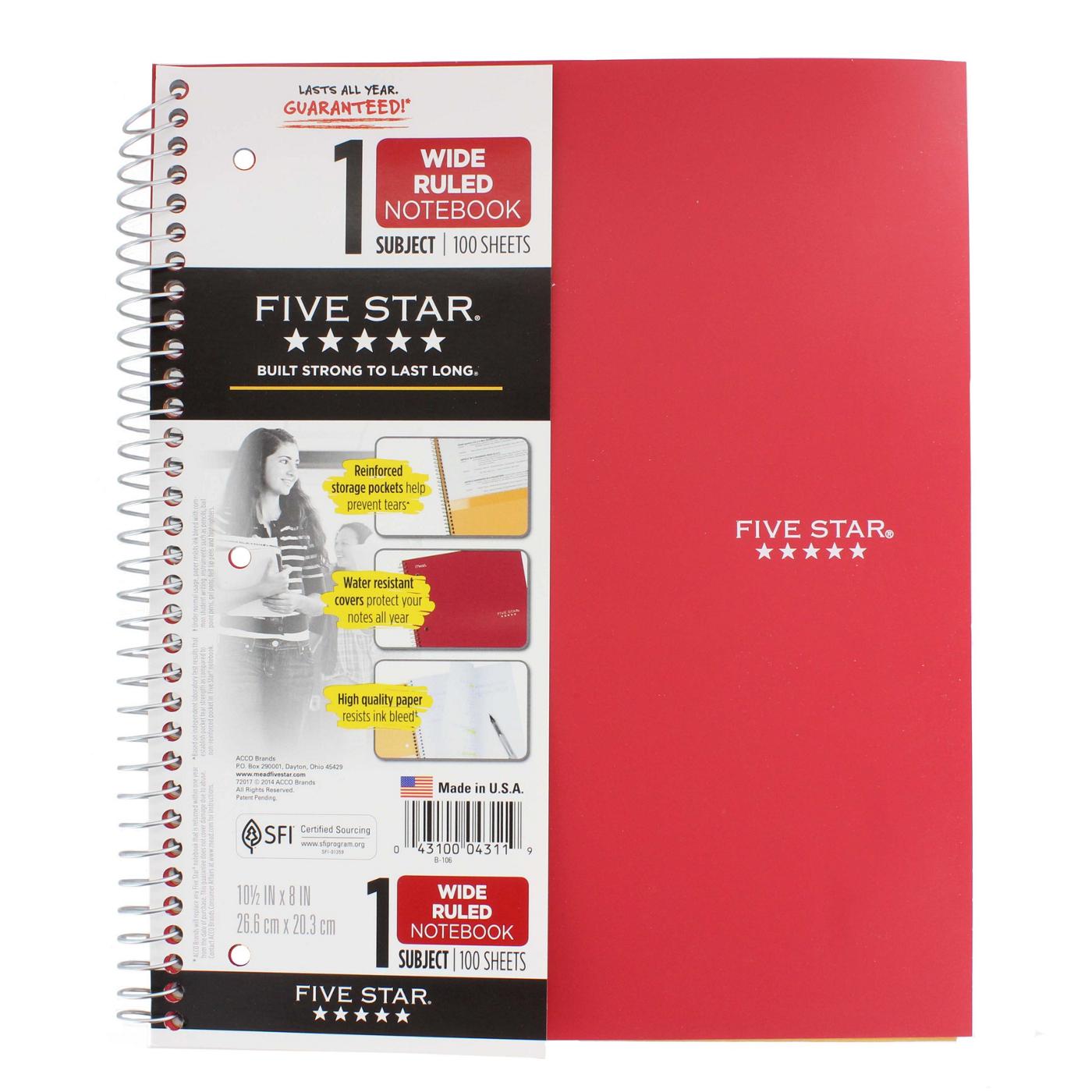 Five Star 1 Subject Wide Ruled Spiral Notebook - Fire Red; image 1 of 2