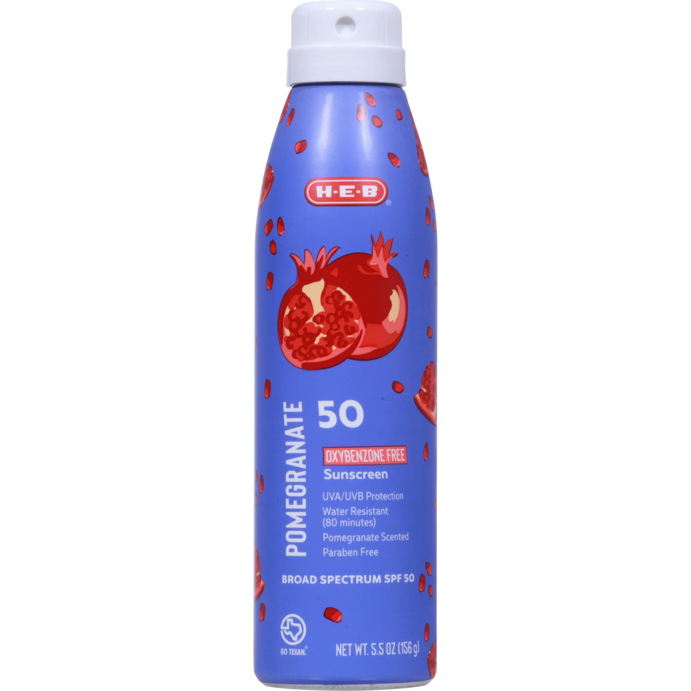 H-E-B Oxybenzone Free Pomegranate Sunscreen Spray – SPF 50; image 1 of 3