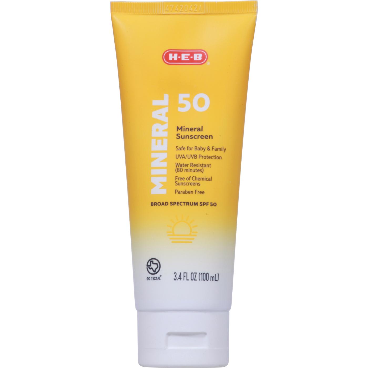 H-E-B Mineral Sunscreen Lotion – SPF 50; image 1 of 3