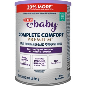 H-E-B Baby Complete Comfort Premium Baby Formula Milk-Based Powder with Iron, 29.8 oz