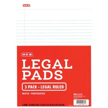 H-E-B Legal Ruled Notepads - White, 3 pk, 8.5" x 11.8"