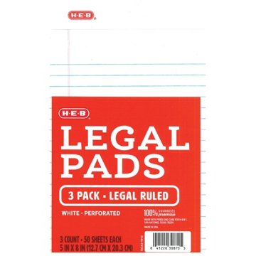 H-E-B Legal Ruled Notepads - White, 3 pk, 5" x 8"