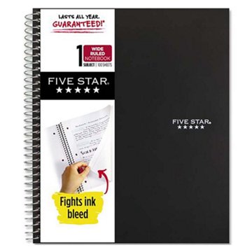 Five Star 1 Subject Wide Ruled Spiral Notebook - Black, 8" x 10.5"