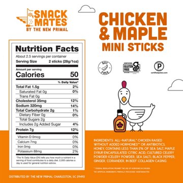 New Primal Snack Mates 7g Protein Mini Chicken & Maple Meat Sticks, 5 ct