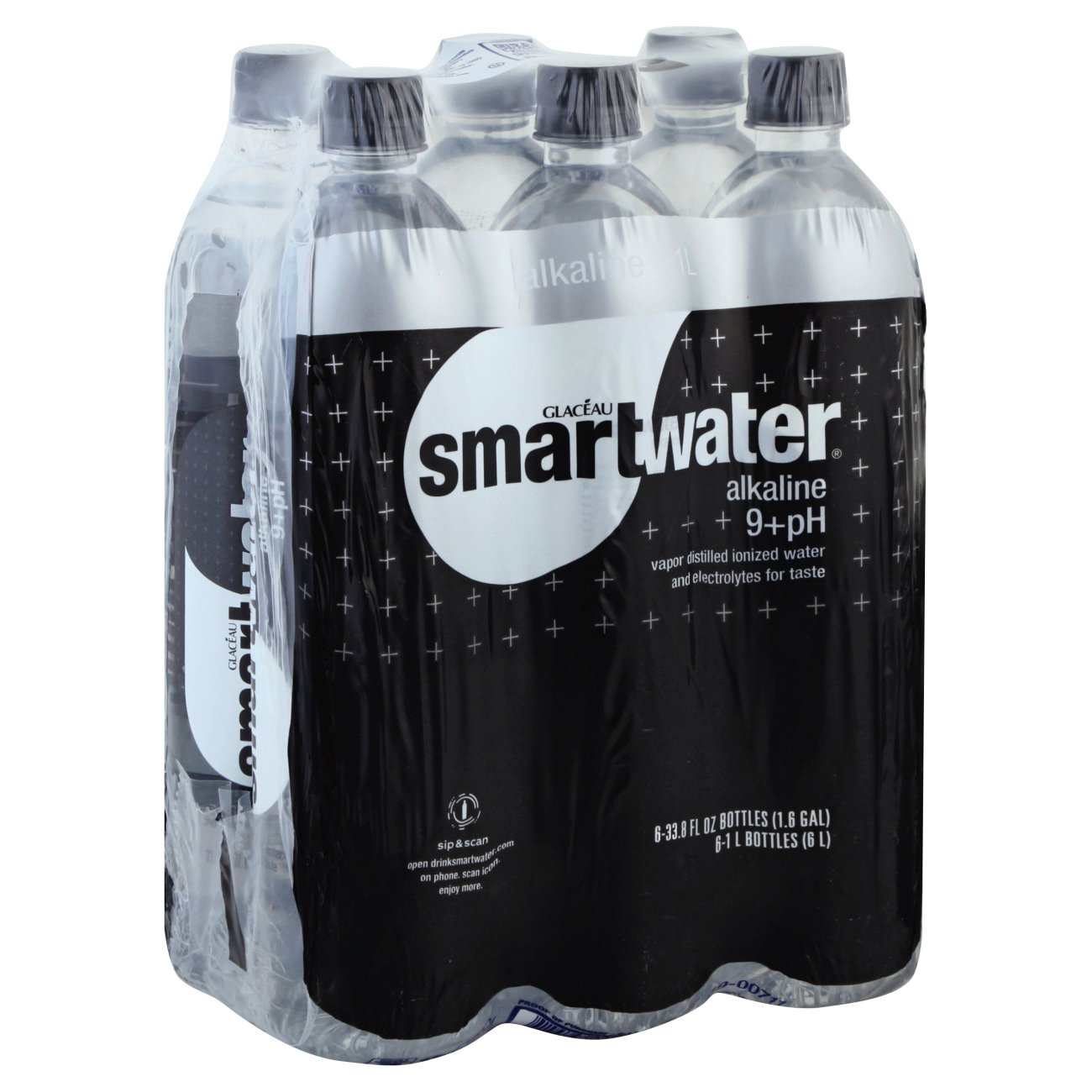 smartwater vapor distilled premium water bottles, 1 Liter, 6 Pack