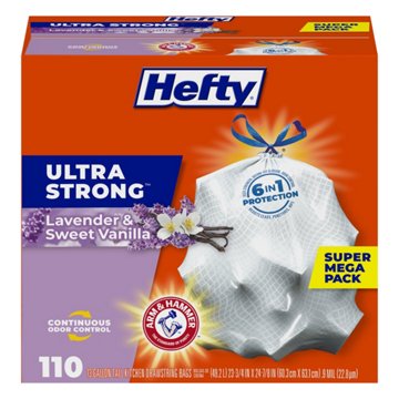 Hefty Ultra Strong Tall Kitchen Drawstring Trash Bags, 13 Gallon - Lavender & Sweet Vanilla Scent, 110 ct