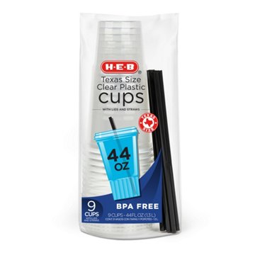 H-E-B 44 oz Texas Size Clear Plastic Cups with Lids and Straws, 9 ct