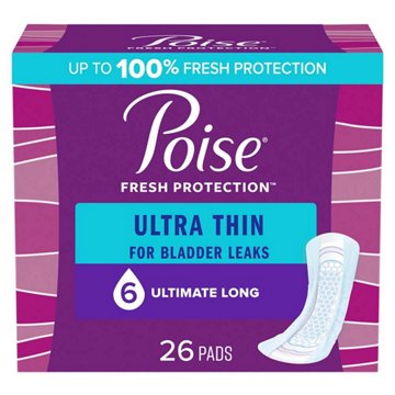 Poise Ultra Thin Long Incontinence Pads - 6 Drop Ultimate, 26 ct