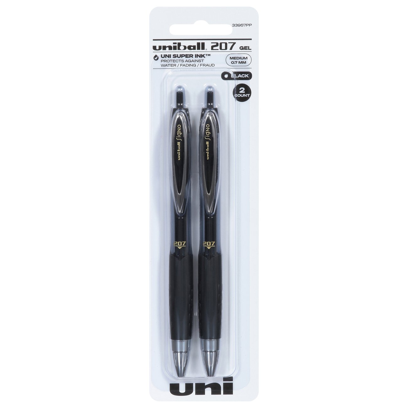 Uni-Ball Signo 207 Gel Pen, Retractable, Micro 0.5 mm, Black Ink, Translucent Gray Barrel, 4/Pack