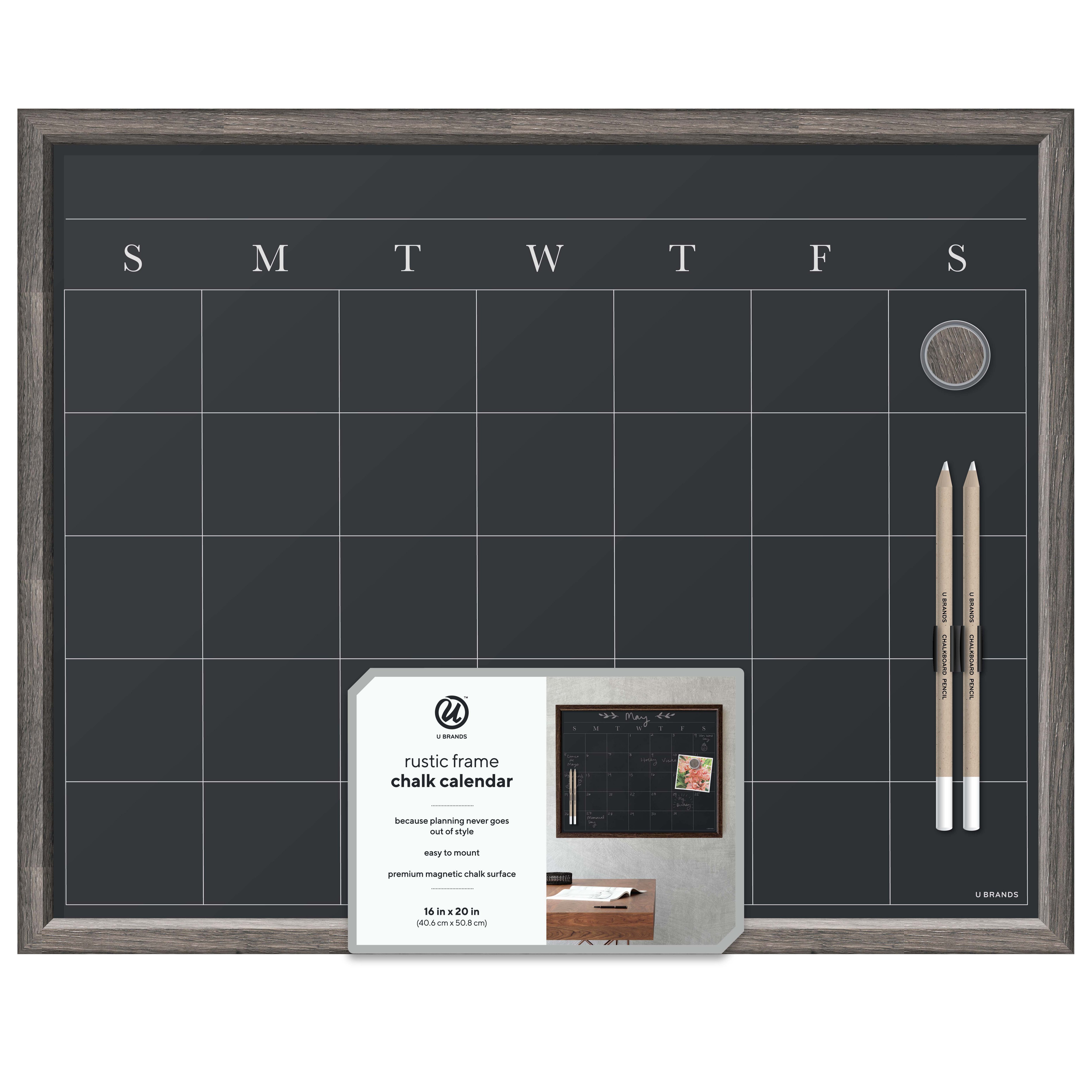 U Brands Magnetic Chalkboard Calendar with Rustic MDF Frame