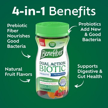 Benefiber Prebiotic Fiber Supplement Gummies with Probiotics for Digestive Health, Assorted Fruit Flavors