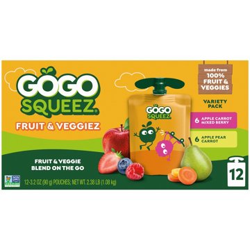 GoGo squeeZ Fruit & Veggiez No Sugar Added Mixed Berry/ Pear Applesauce Variety Pouches, 12 ct