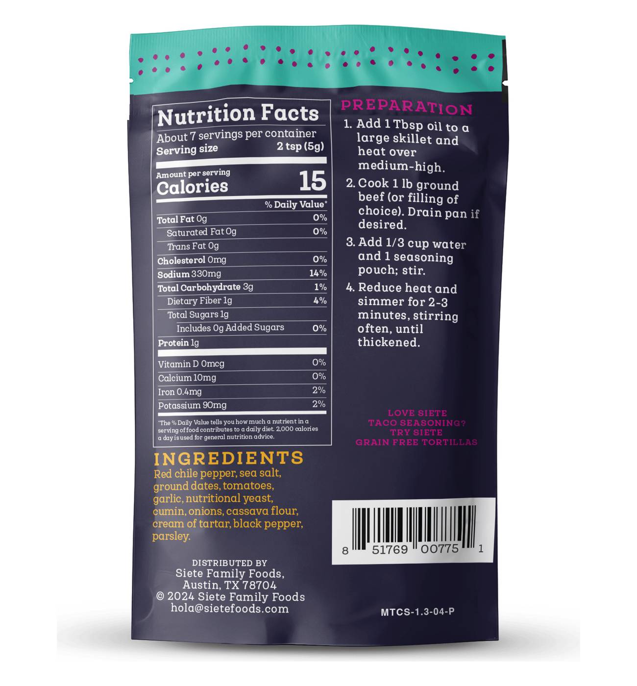 Siete Mild Taco Seasoning; image 3 of 3